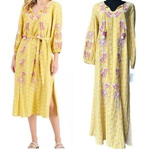 NWT Macy's Charter Club Cotton Maxi Kaftan Dress in Yellow w/ Pink White XS